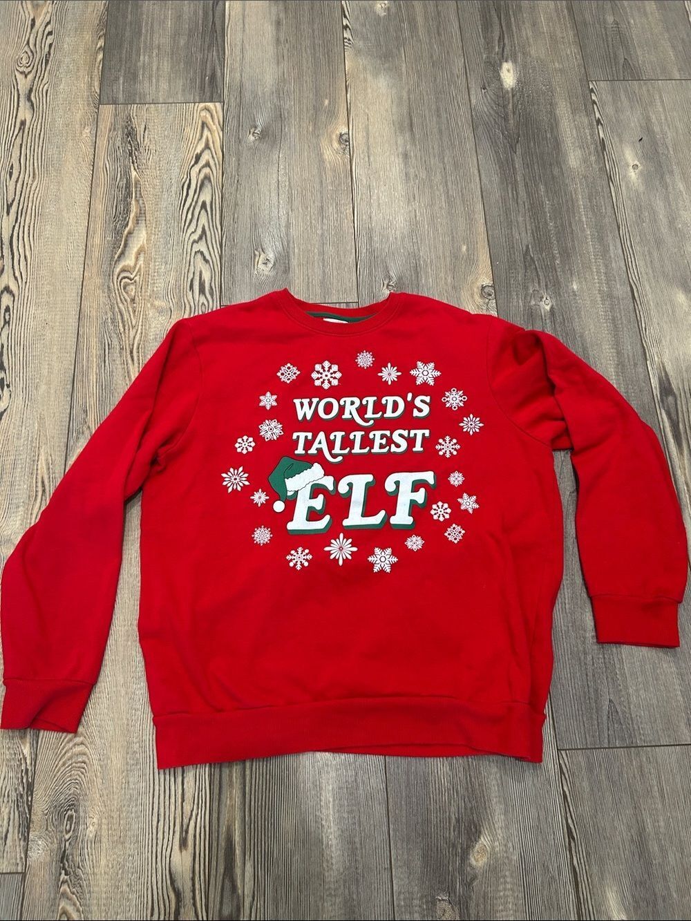 Holiday Time Red 'World's Tallest ELF' Crewneck Sweatshirt- men’s XL